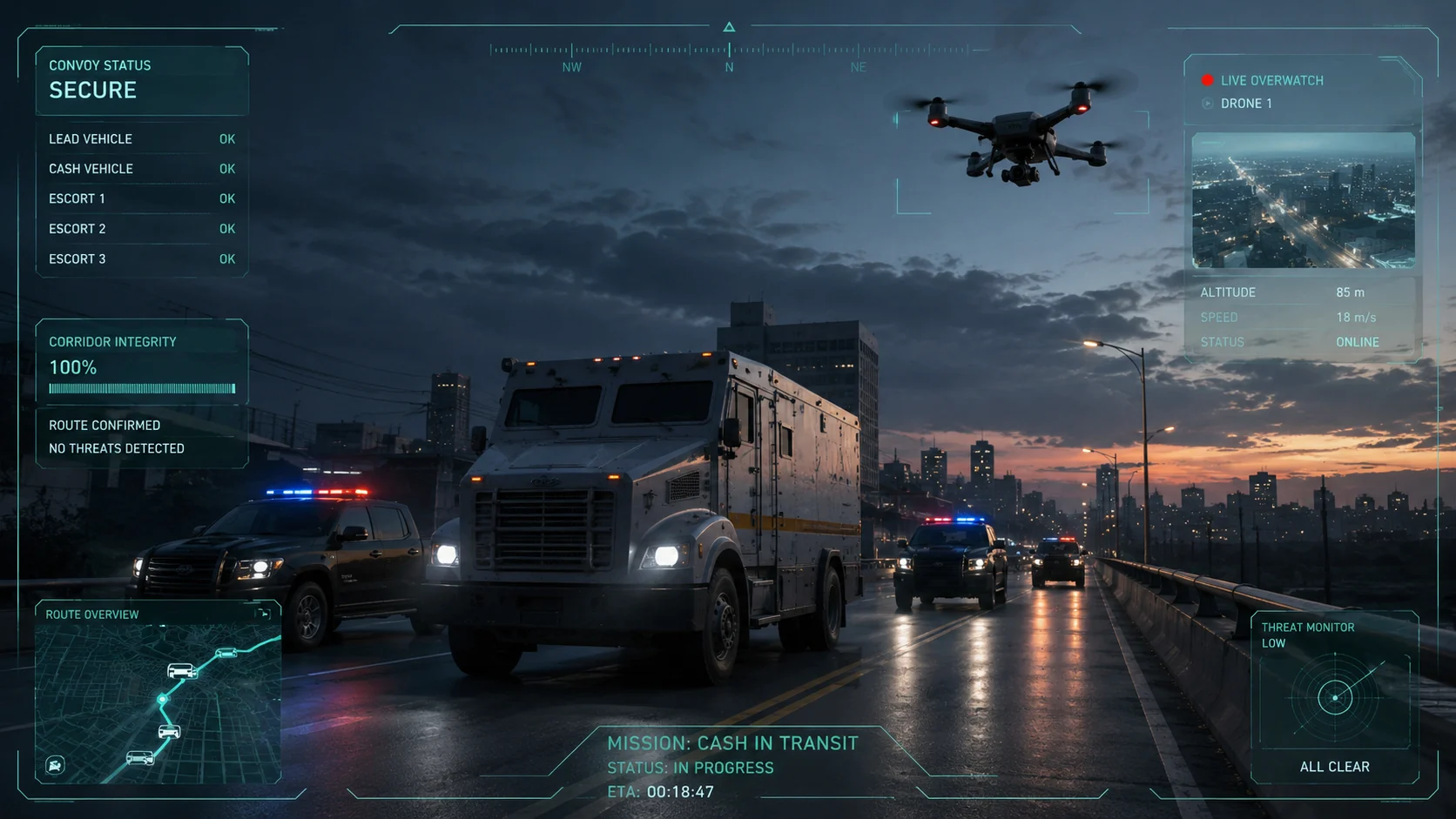 Illustration of a protected transport convoy with ground escorts and aerial support