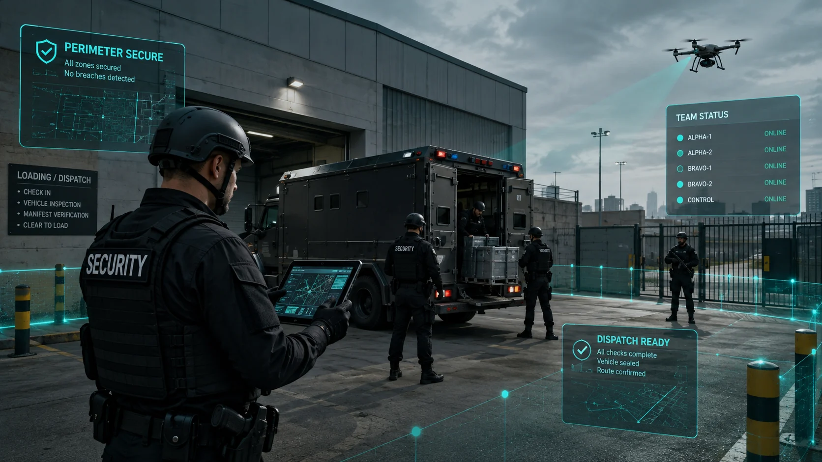 Illustrated field security team at a protected dispatch location